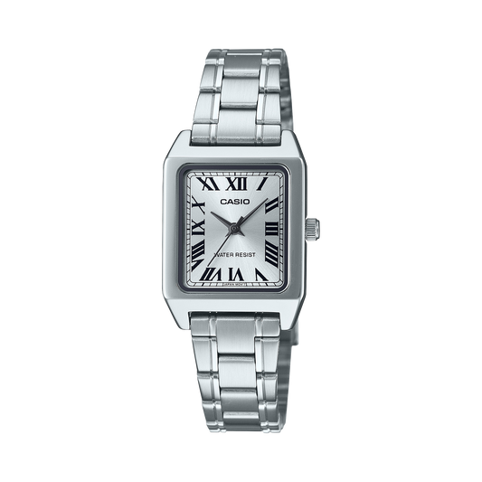 CASIO LTP-B150D-7BEF originale – vista frontale orologio donna (acciaio, quadrante bianco, numeri romani)
