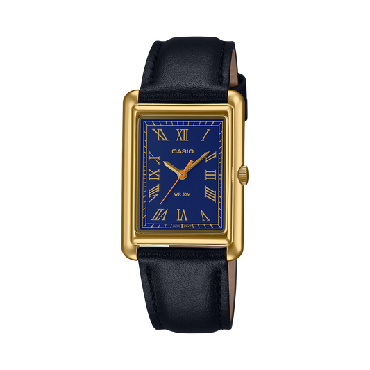 CASIO LTP-B165GL-2BVEF originale – vista frontale orologio donna (dorato, cinturino pelle nera, quadrante blu)