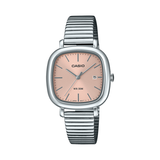 CASIO LTP-B166D-4AVEF originale – vista frontale orologio donna (acciaio, quadrante rosa, datario)