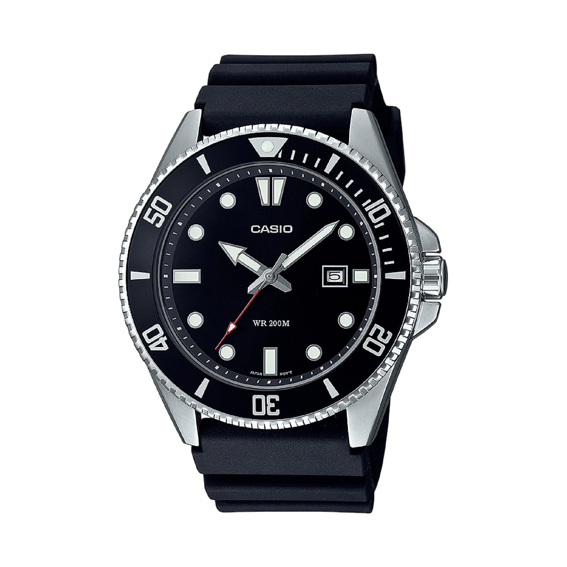 CASIO MDV-107-1A1VEF originale – vista frontale orologio diver (acciaio, cinturino resina nera, ghiera nera)