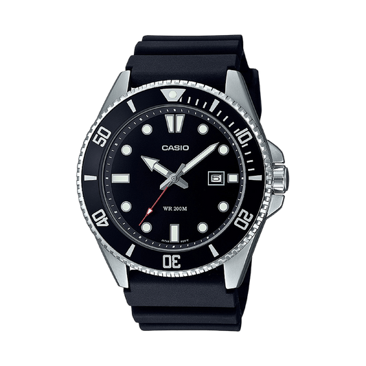 CASIO MDV-107-1A1VEF originale – vista frontale orologio diver (acciaio, cinturino resina nera, ghiera nera)
