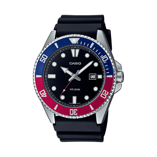 CASIO Collection MDV-107-1A3VEF originale – vista frontale orologio diver (acciaio, cinturino resina nera, lunetta bicolore rosso/blu)