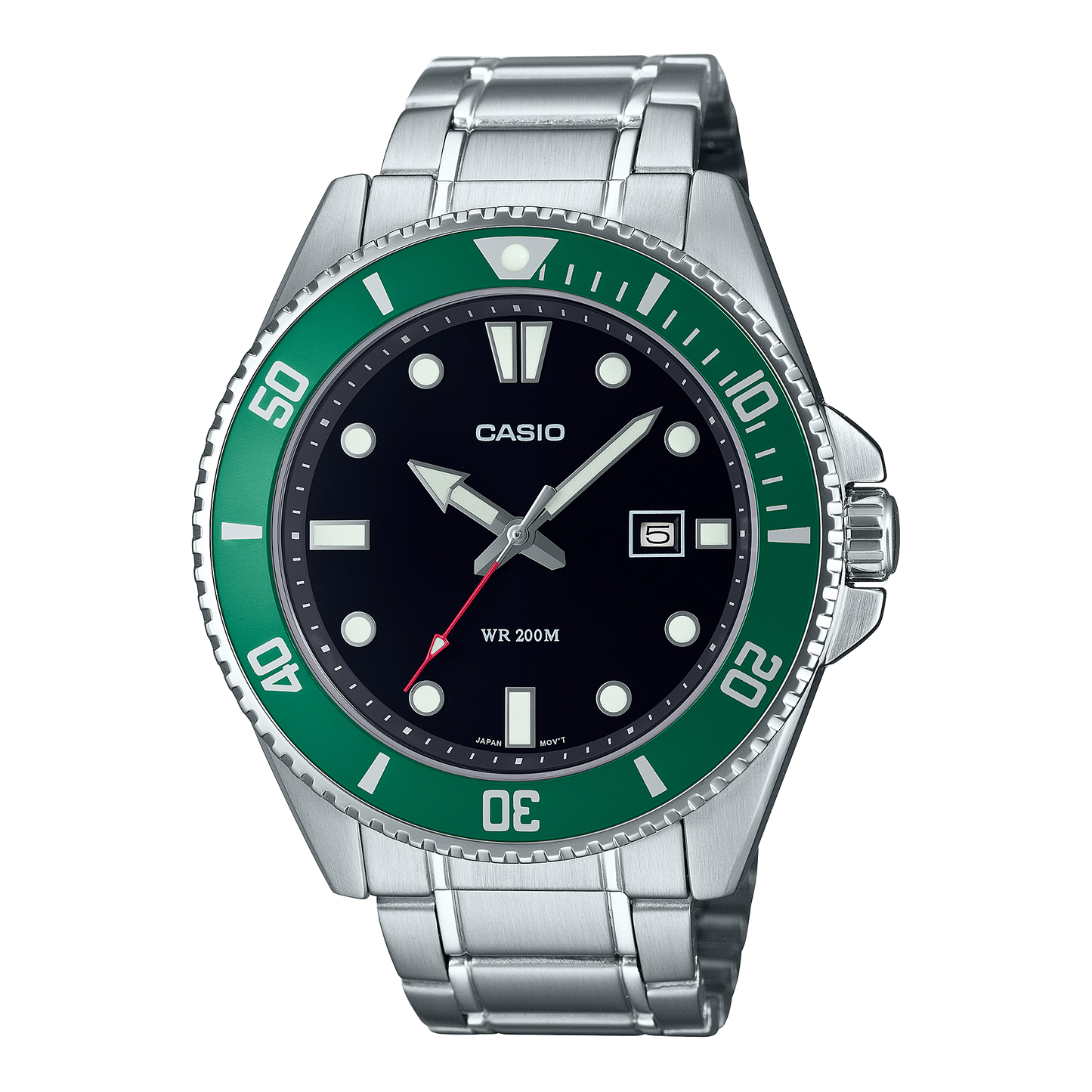 CASIO MDV-107D-3AVEF originale – vista frontale orologio diver (acciaio, ghiera verde, datario)