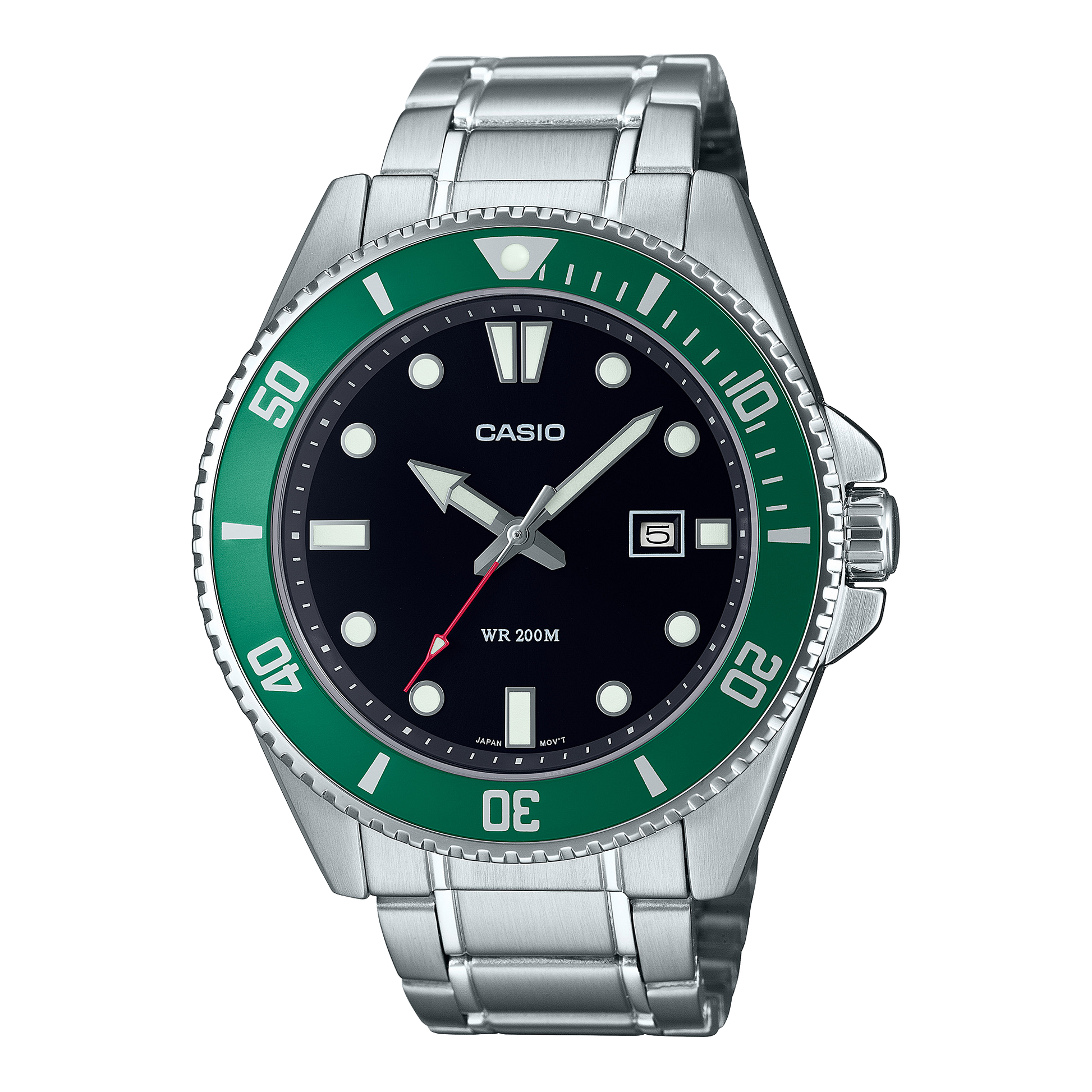 CASIO MDV-107D-3AVEF originale – vista frontale orologio diver (acciaio, ghiera verde, datario)