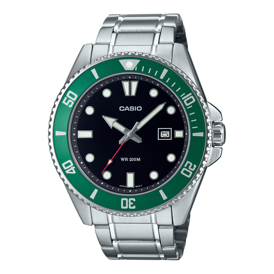 CASIO MDV-107D-3AVEF originale – vista frontale orologio diver (acciaio, ghiera verde, datario)