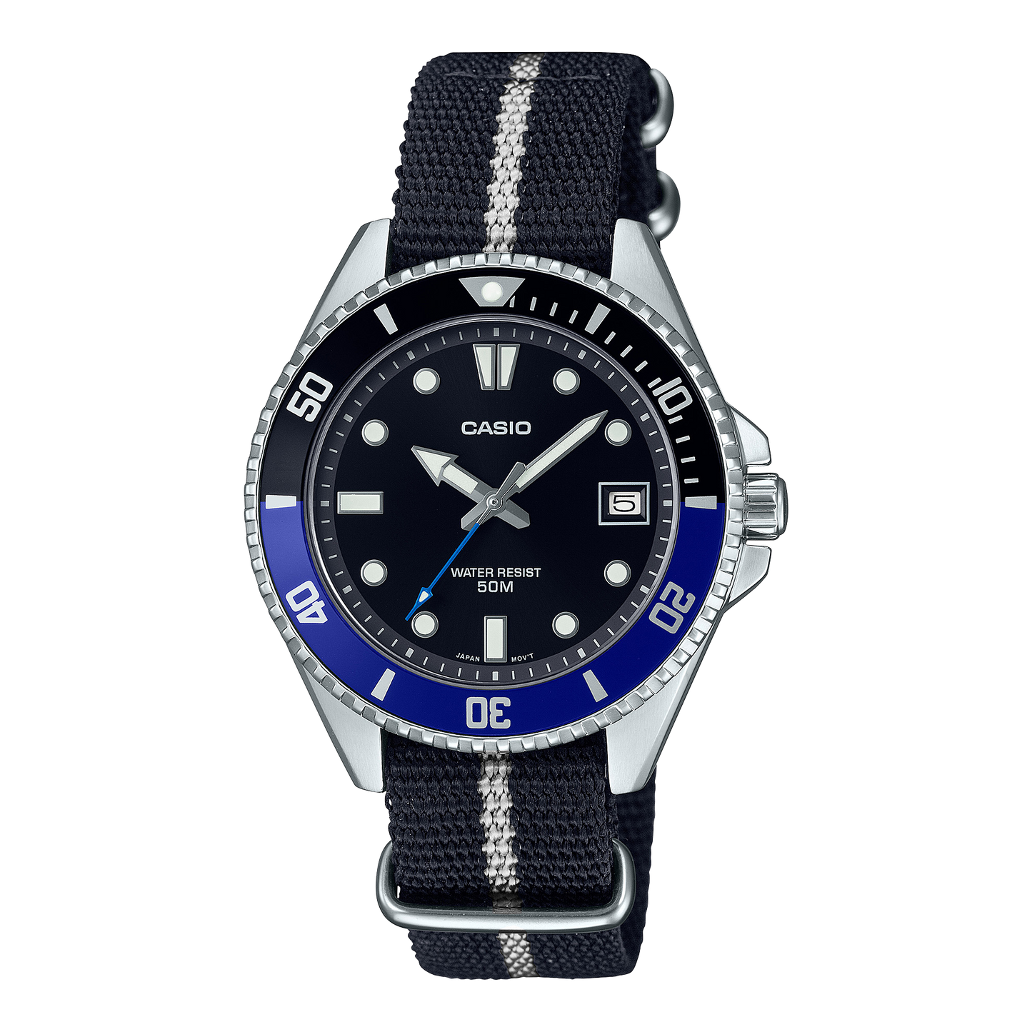 CASIO MDV-10C-1A2VEF originale – vista frontale orologio diver compatto (acciaio, cinturino tessuto, ghiera nera/blu)