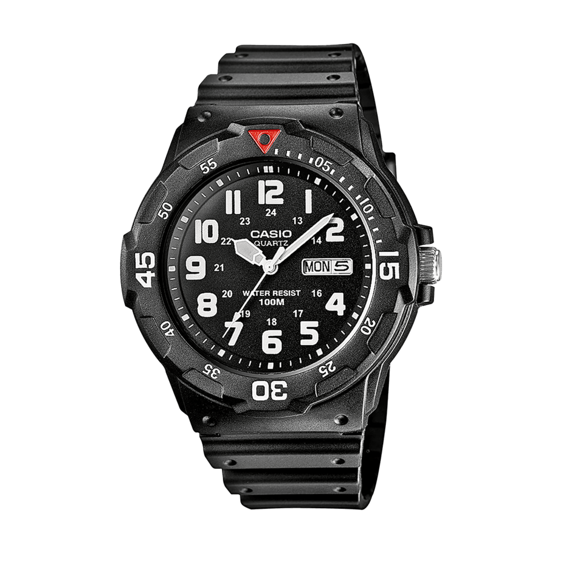 CASIO MRW-200H-1BVEG originale – vista frontale orologio uomo (nero, resistente 100m, lunetta girevole)