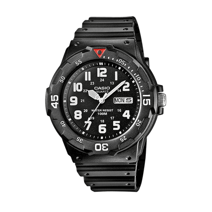 CASIO MRW-200H-1BVEG originale – vista frontale orologio uomo (nero, resistente 100m, lunetta girevole)