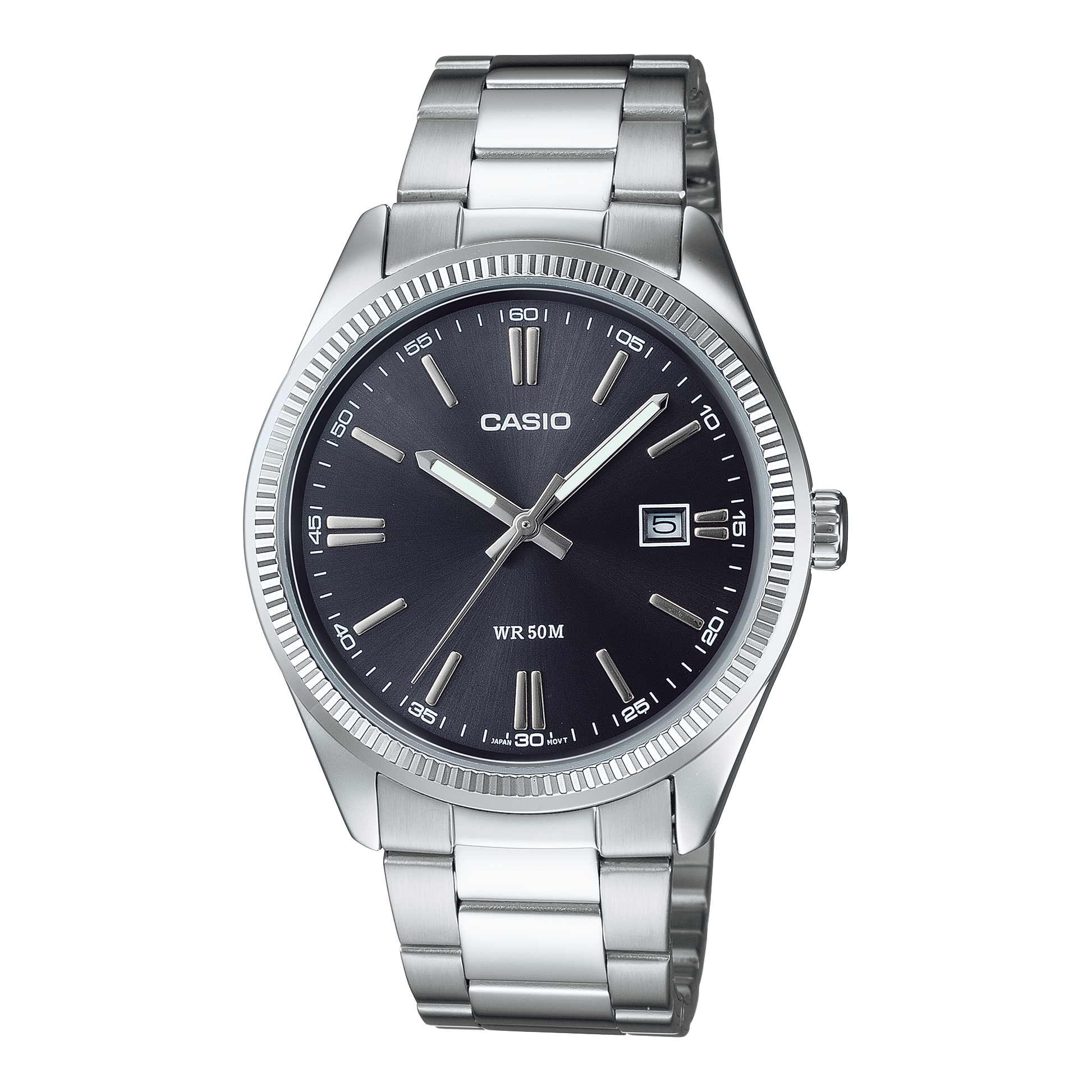 CASIO MTP-1302PD-1A1VEF originale – vista frontale orologio uomo (acciaio dorato, quadrante nero, datario)