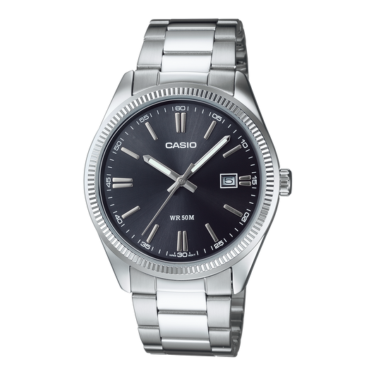 CASIO MTP-1302PD-1A1VEF originale – vista frontale orologio uomo (acciaio dorato, quadrante nero, datario)
