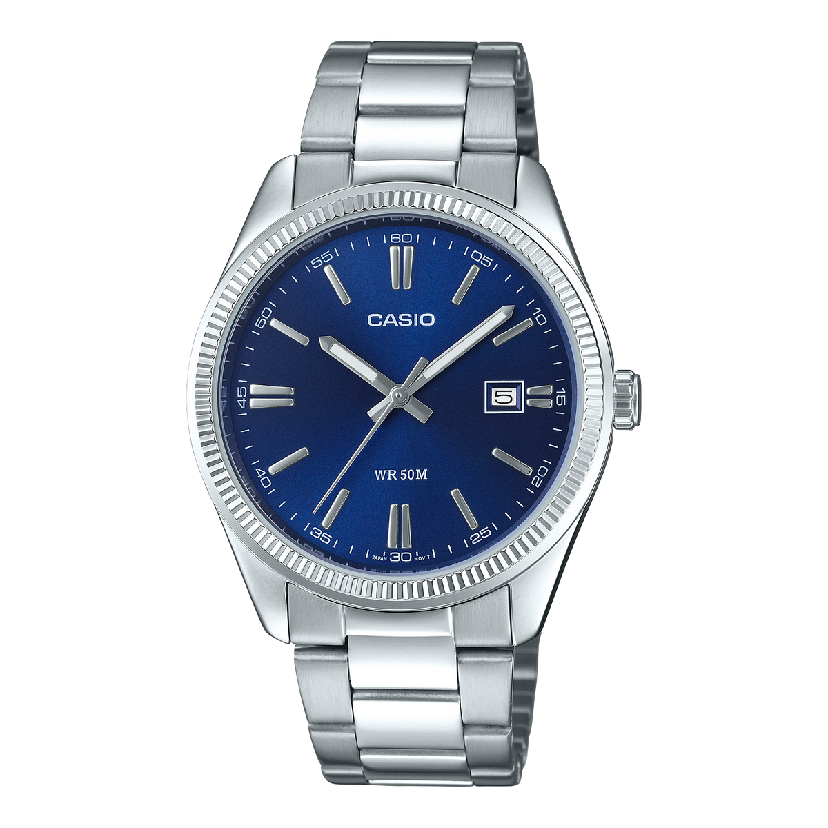 CASIO MTP-1302PD-2AVEF originale – vista frontale orologio uomo (acciaio, quadrante blu, datario)