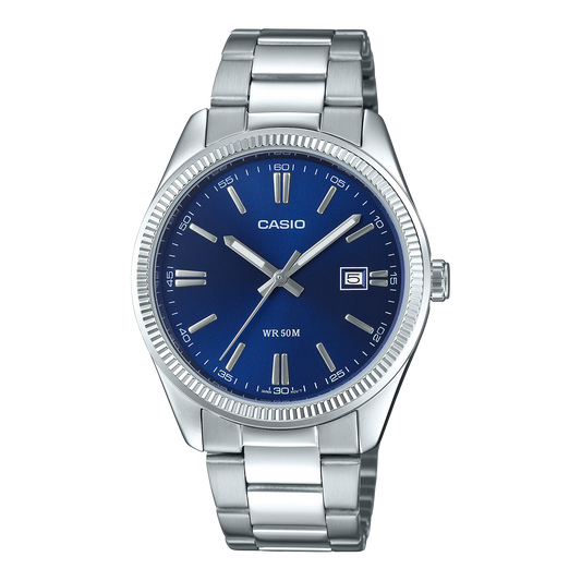 CASIO MTP-1302PD-2AVEF originale – vista frontale orologio uomo (acciaio, quadrante blu, datario)