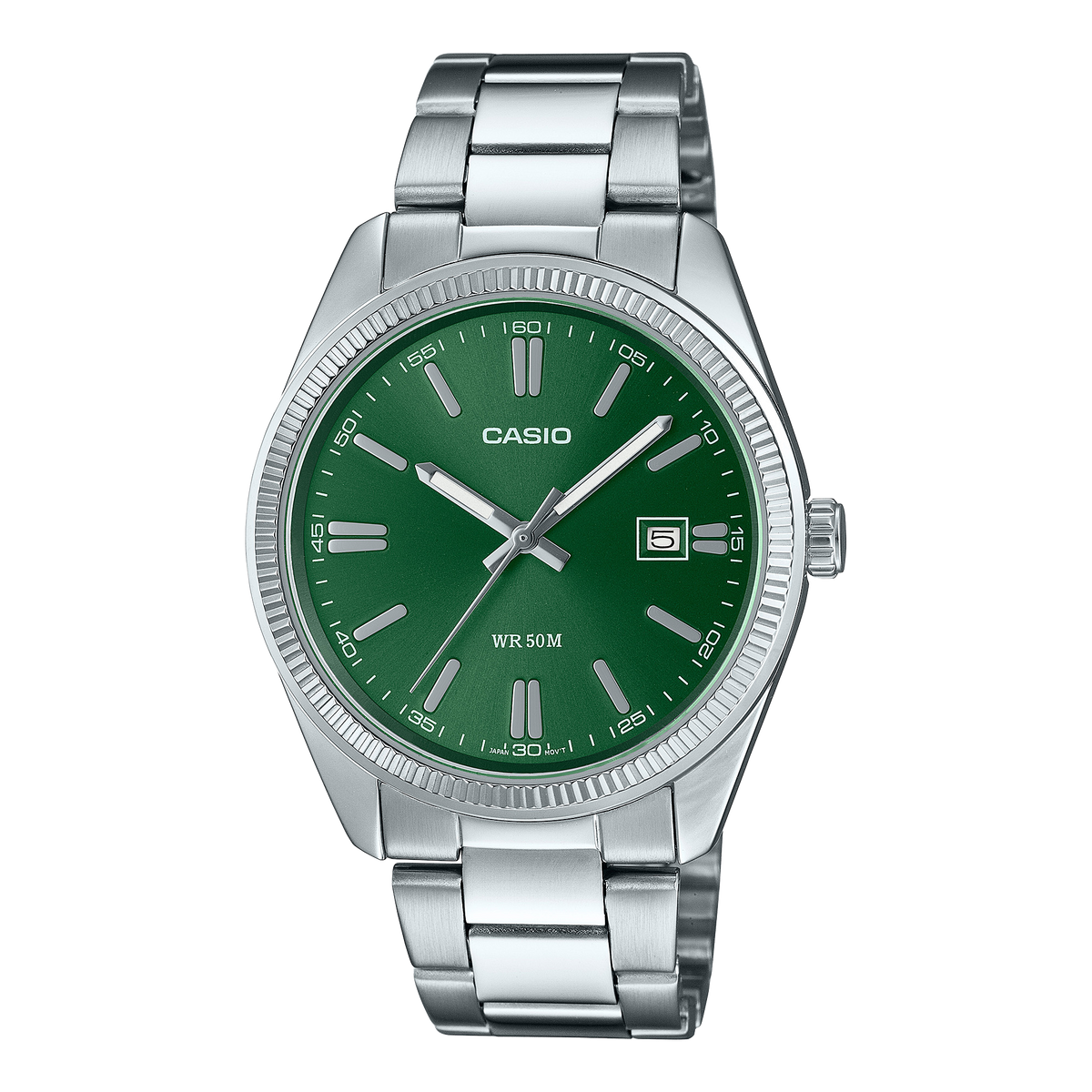 CASIO MTP-1302PD-3AVEF originale – vista frontale orologio uomo (acciaio, quadrante verde, datario)