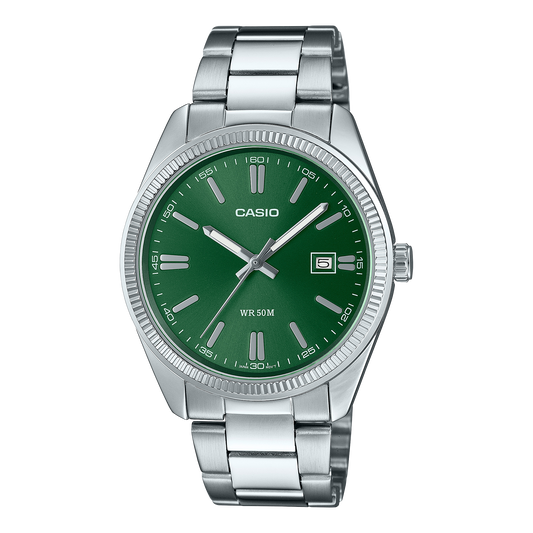 CASIO MTP-1302PD-3AVEF originale – vista frontale orologio uomo (acciaio, quadrante verde, datario)