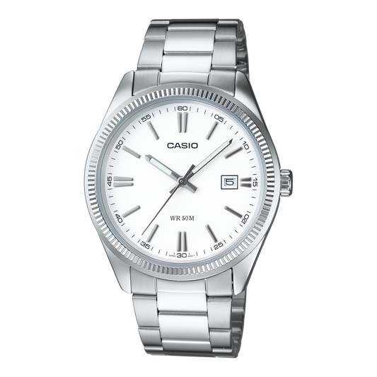 CASIO MTP-1302PD-7A1VEF originale – vista frontale orologio uomo (acciaio, quadrante sunray, datario)