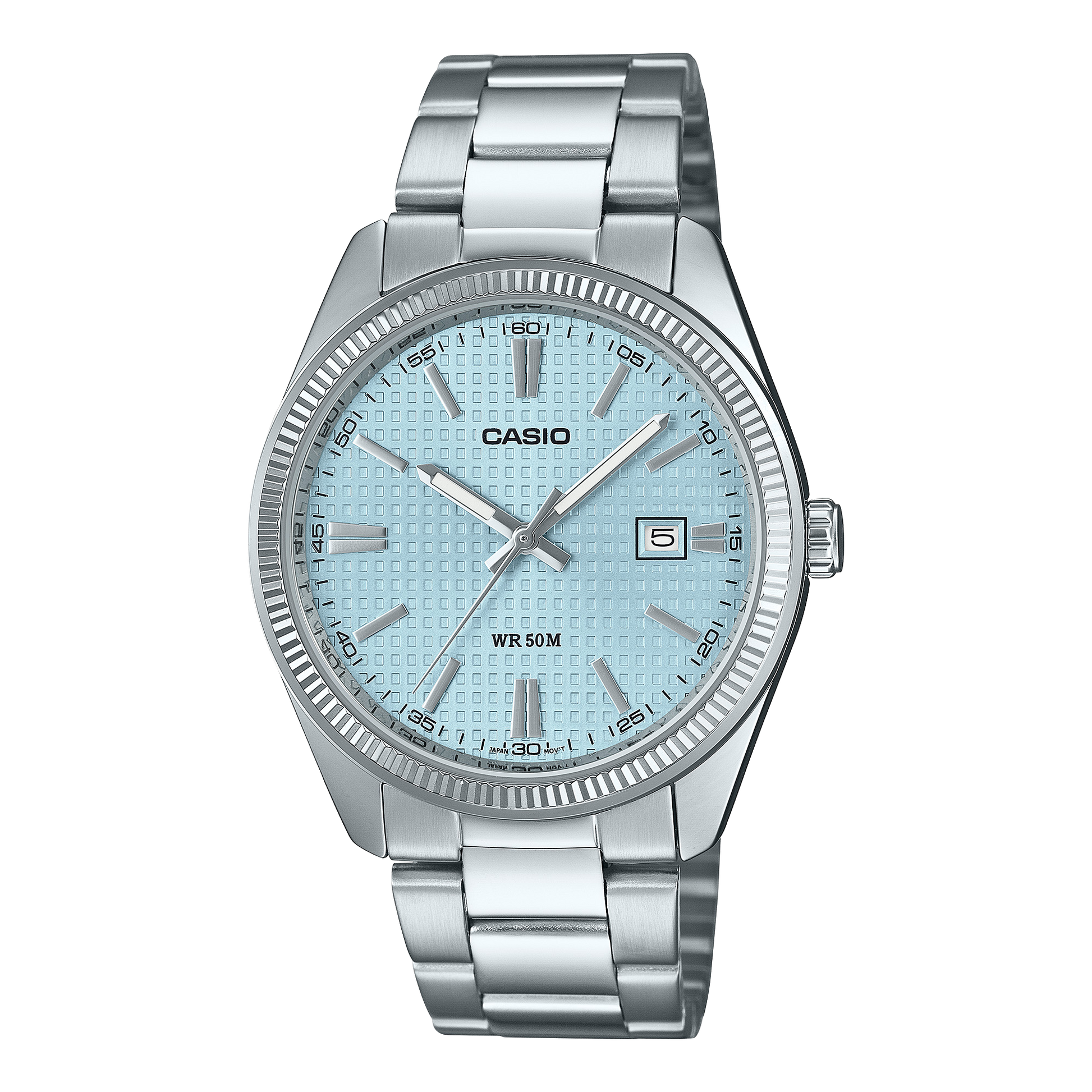CASIO MTP-1302PE-2AVEF originale – vista frontale orologio uomo (acciaio, quadrante guilloché, datario)