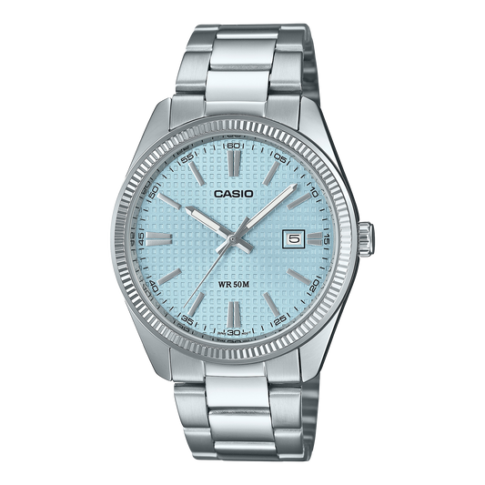 CASIO MTP-1302PE-2AVEF originale – vista frontale orologio uomo (acciaio, quadrante guilloché, datario)