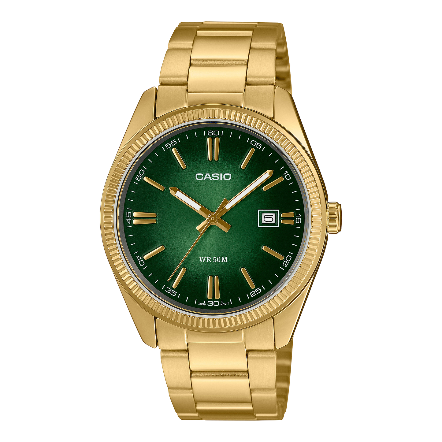 CASIO MTP-1302PGC-3AVEF originale – vista frontale orologio uomo (dorato, quadrante verde, datario)
