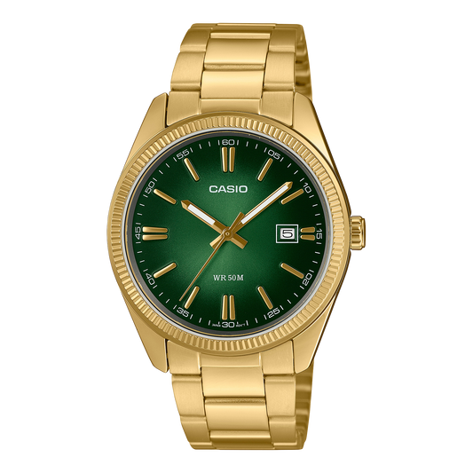 CASIO MTP-1302PGC-3AVEF originale – vista frontale orologio uomo (dorato, quadrante verde, datario)