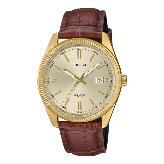 CASIO MTP-1302PGL-9AVEF originale – vista frontale orologio uomo (dorato, cinturino pelle marrone, datario)