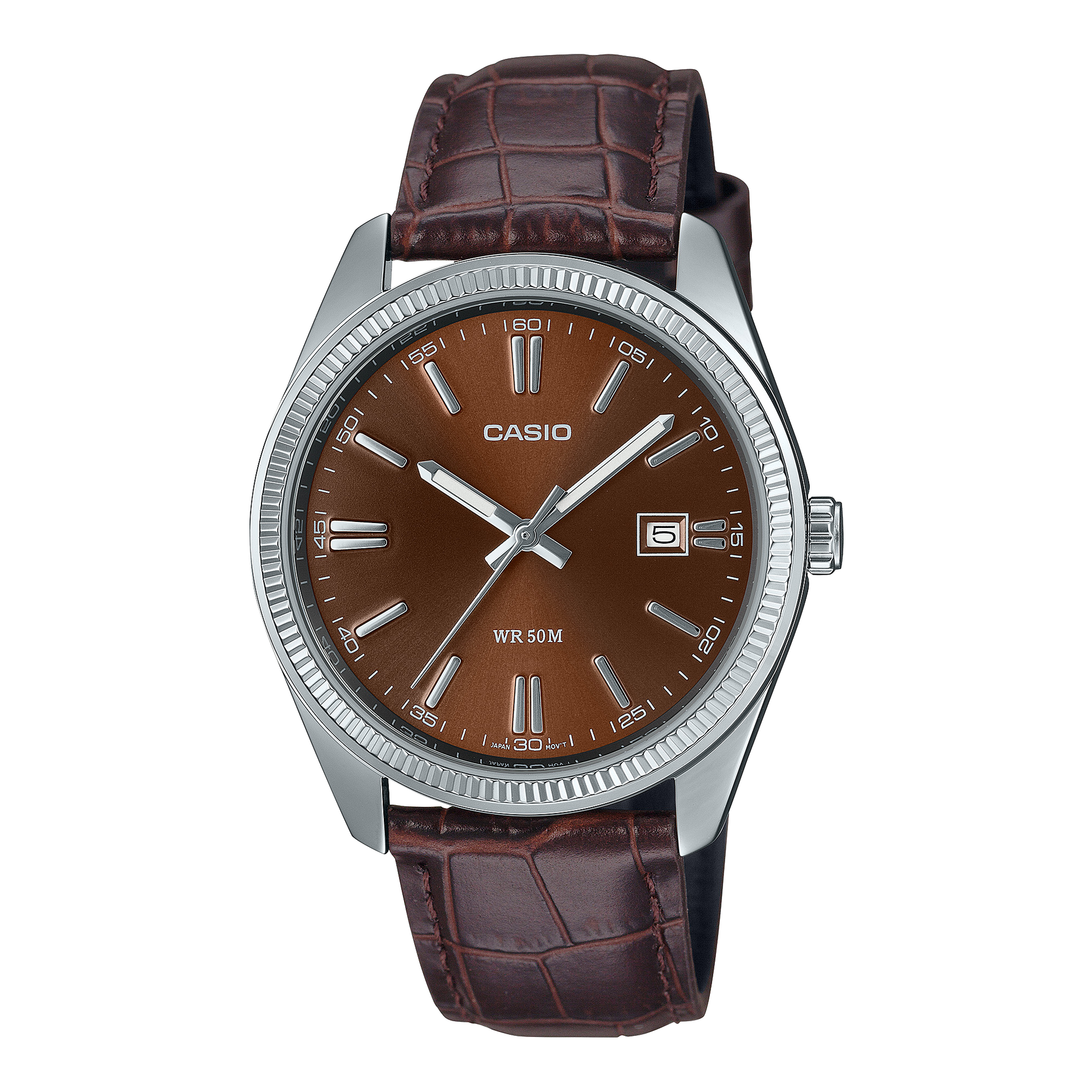 CASIO MTP-1302PL-5AVEF originale – vista frontale orologio uomo (acciaio, cinturino pelle marrone, datario)