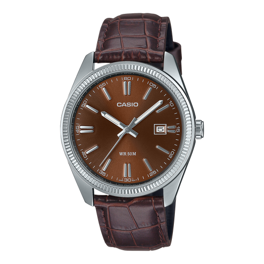 CASIO MTP-1302PL-5AVEF originale – vista frontale orologio uomo (acciaio, cinturino pelle marrone, datario)