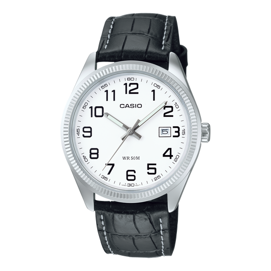 CASIO MTP-1302PL-7BVEF originale – vista frontale orologio uomo (acciaio, cinturino pelle, datario)