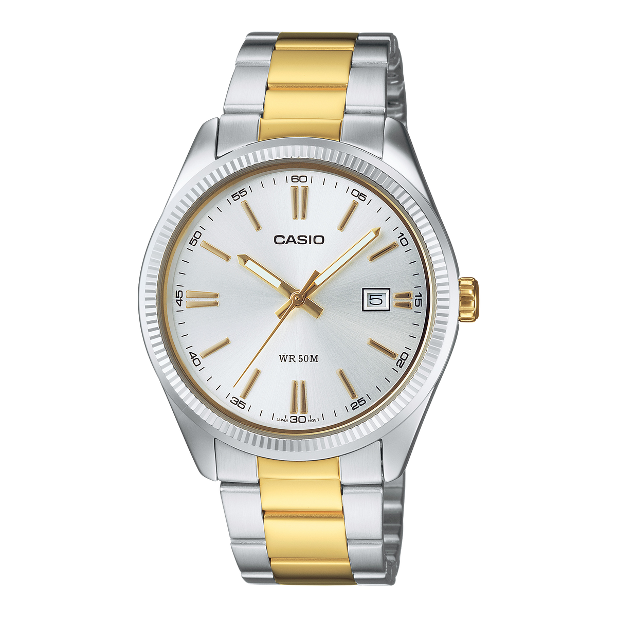CASIO MTP-1302PSG-7AVEF originale – vista frontale orologio uomo (bracciale bicolore, quadrante argento, datario)