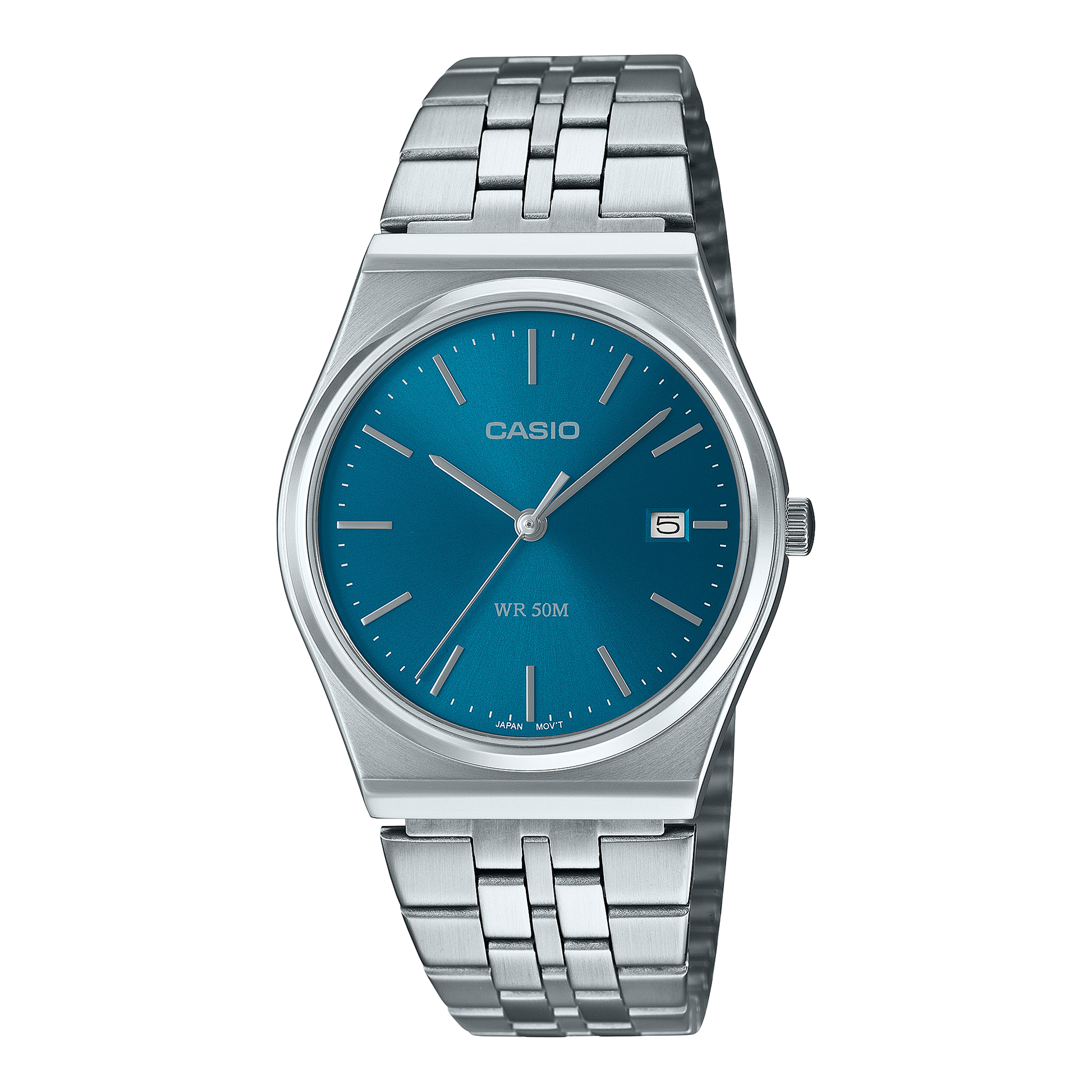 CASIO MTP-B145D-2A2VEF originale – vista frontale orologio (acciaio, quadrante blu, datario)