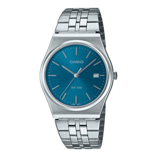CASIO MTP-B145D-2A2VEF originale – vista frontale orologio (acciaio, quadrante blu, datario)