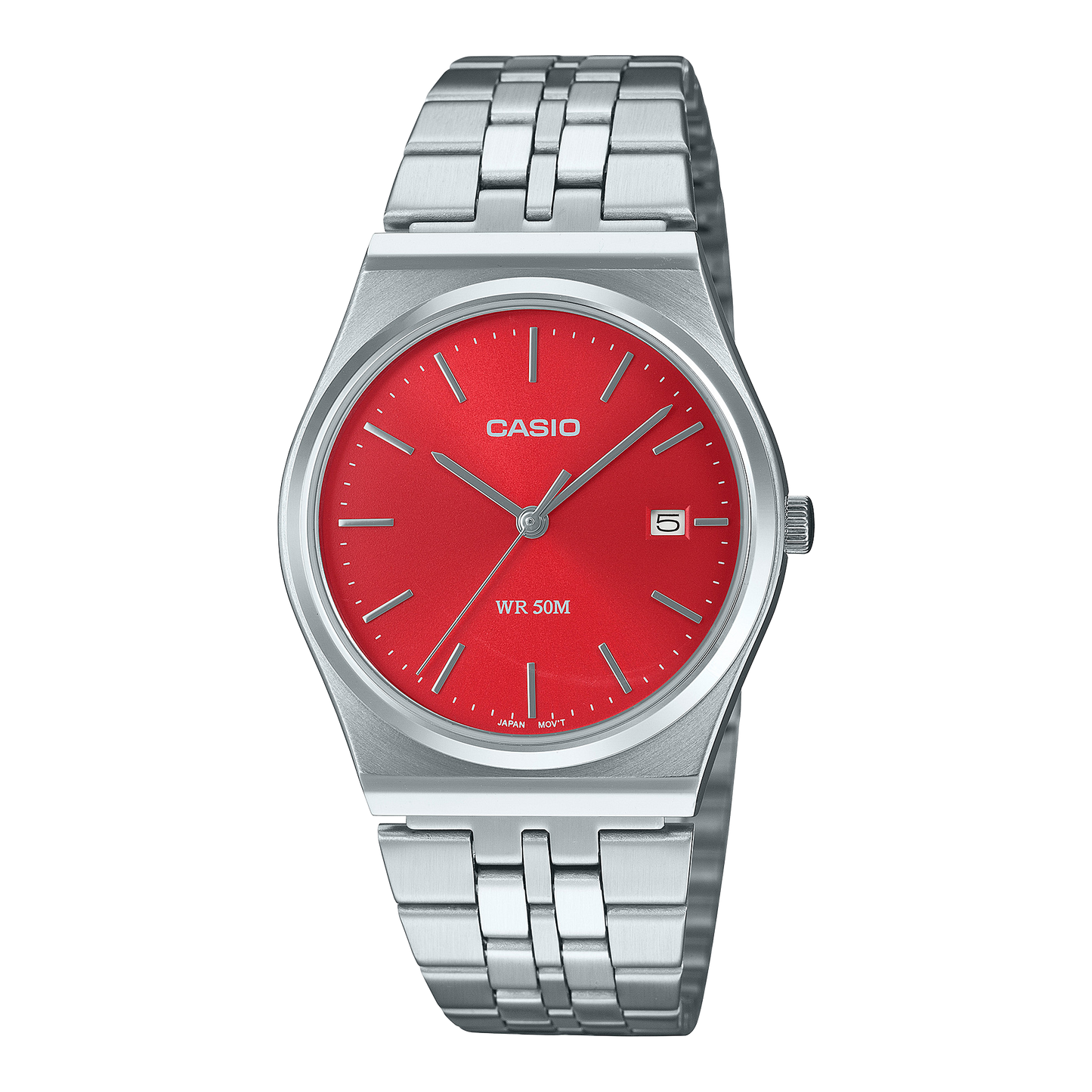 CASIO MTP-B145D-4A2VEF originale – vista frontale orologio (acciaio, quadrante rosa, datario)