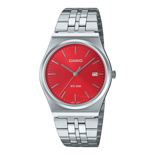 CASIO MTP-B145D-4A2VEF originale – vista frontale orologio (acciaio, quadrante rosa, datario)