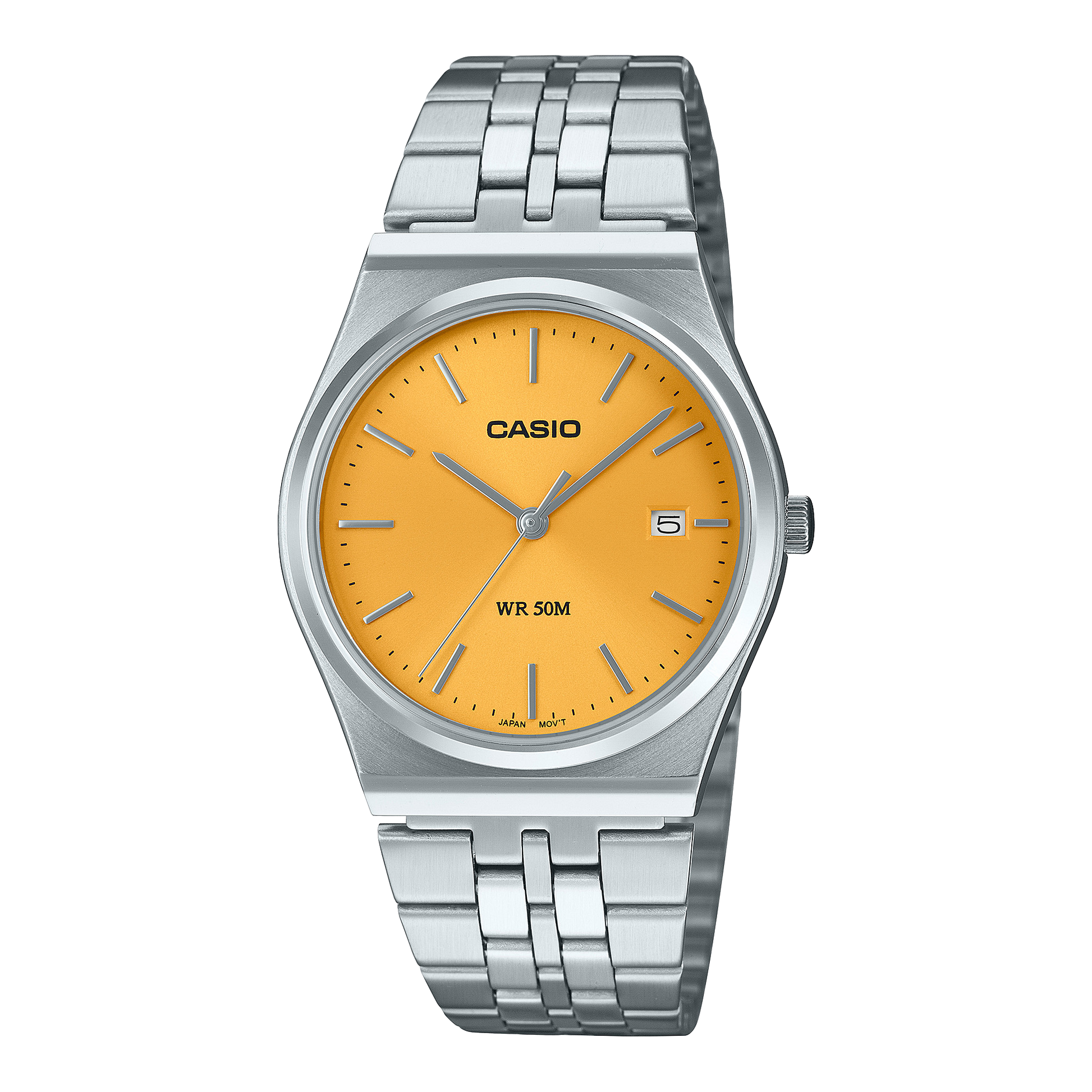CASIO MTP-B145D-9AVEF originale – vista frontale orologio (acciaio, quadrante giallo, datario)