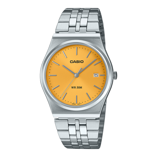 CASIO MTP-B145D-9AVEF originale – vista frontale orologio (acciaio, quadrante giallo, datario)