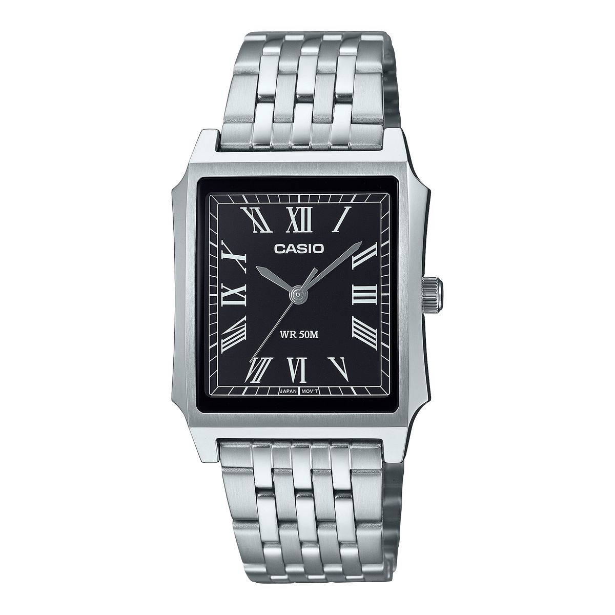 CASIO MTP-B190D-1BVEF originale – vista frontale orologio (acciaio, quadrante nero, numeri romani)