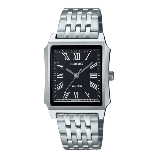 CASIO MTP-B190D-1BVEF originale – vista frontale orologio (acciaio, quadrante nero, numeri romani)