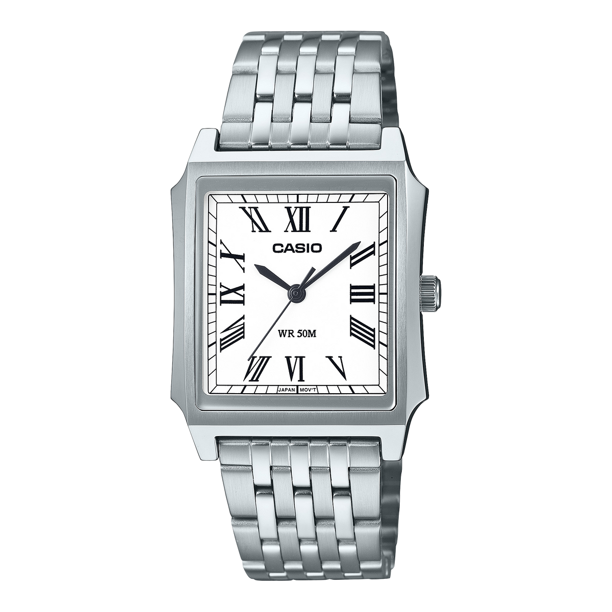 CASIO MTP-B190D-7BVEF originale – vista frontale orologio (acciaio, quadrante bianco, numeri romani)