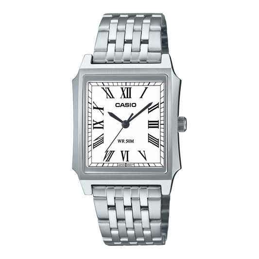 CASIO MTP-B190D-7BVEF originale – vista frontale orologio (acciaio, quadrante bianco, numeri romani)
