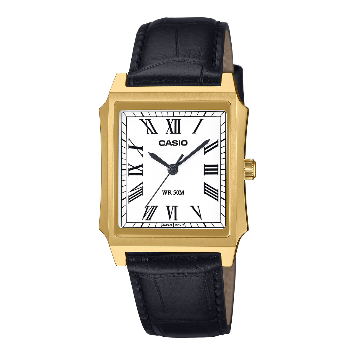 CASIO MTP-B190GL-7BVEF originale – vista frontale orologio (dorato, cinturino pelle nera, numeri romani)