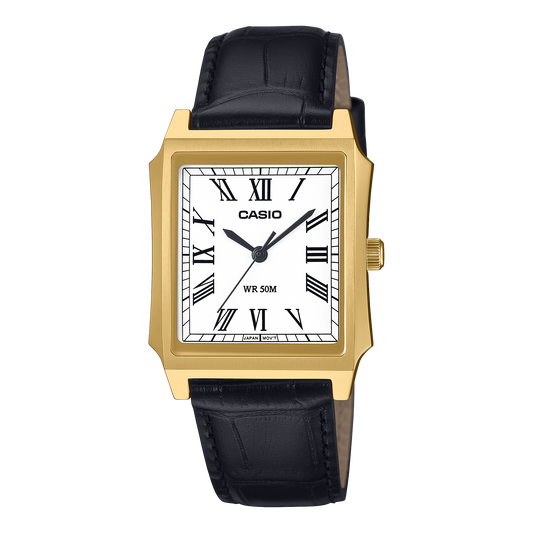 CASIO MTP-B190GL-7BVEF originale – vista frontale orologio (dorato, cinturino pelle nera, numeri romani)