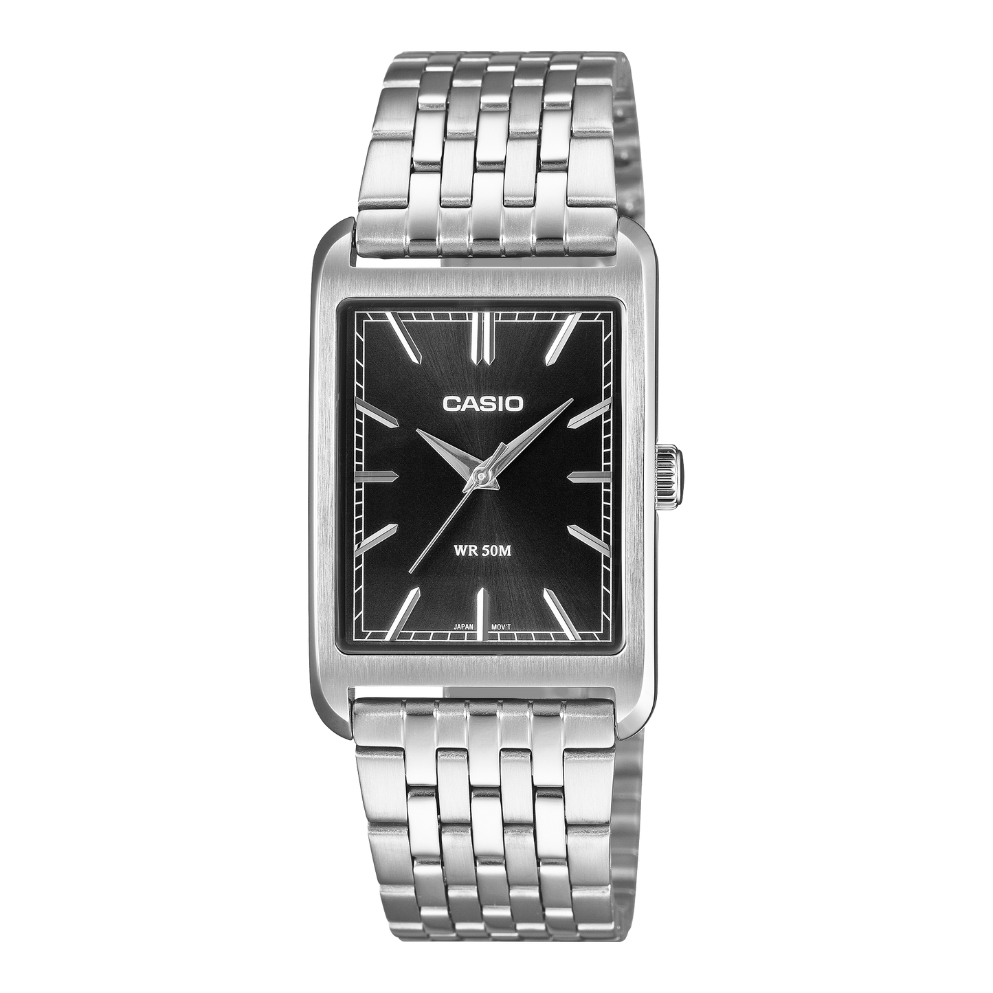 CASIO MTP-B215D-1AVER originale – vista frontale orologio (acciaio, quadrante nero rettangolare)