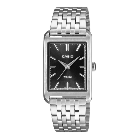 CASIO MTP-B215D-1AVER originale – vista frontale orologio (acciaio, quadrante nero rettangolare)