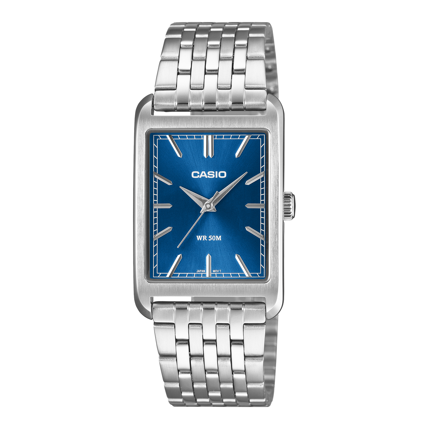 CASIO MTP-B215D-2AVER originale – vista frontale orologio (acciaio, quadrante blu rettangolare)