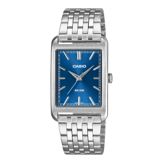 CASIO MTP-B215D-2AVER originale – vista frontale orologio (acciaio, quadrante blu rettangolare)