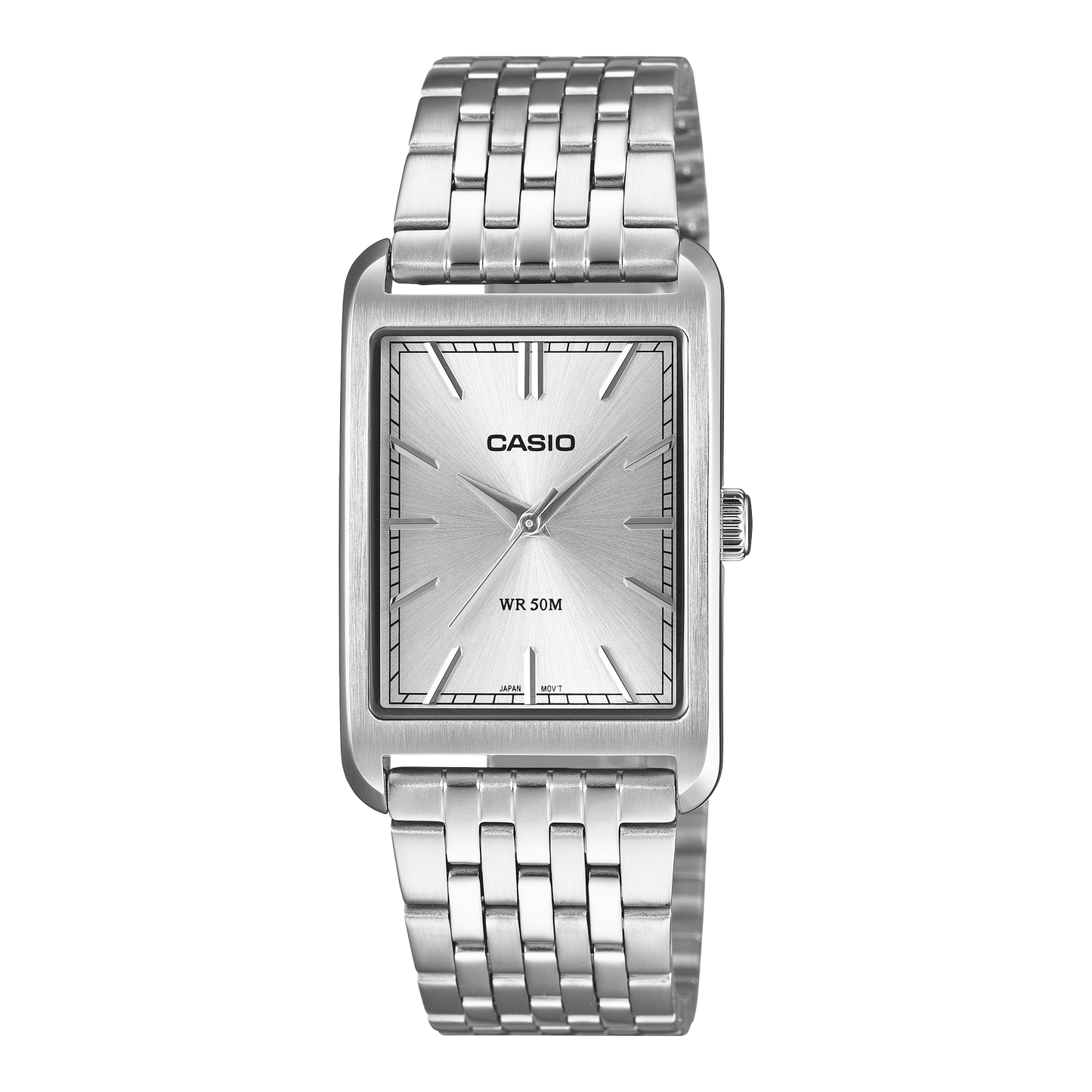 CASIO MTP-B215D-7AVER originale – vista frontale orologio (acciaio, quadrante argento rettangolare)