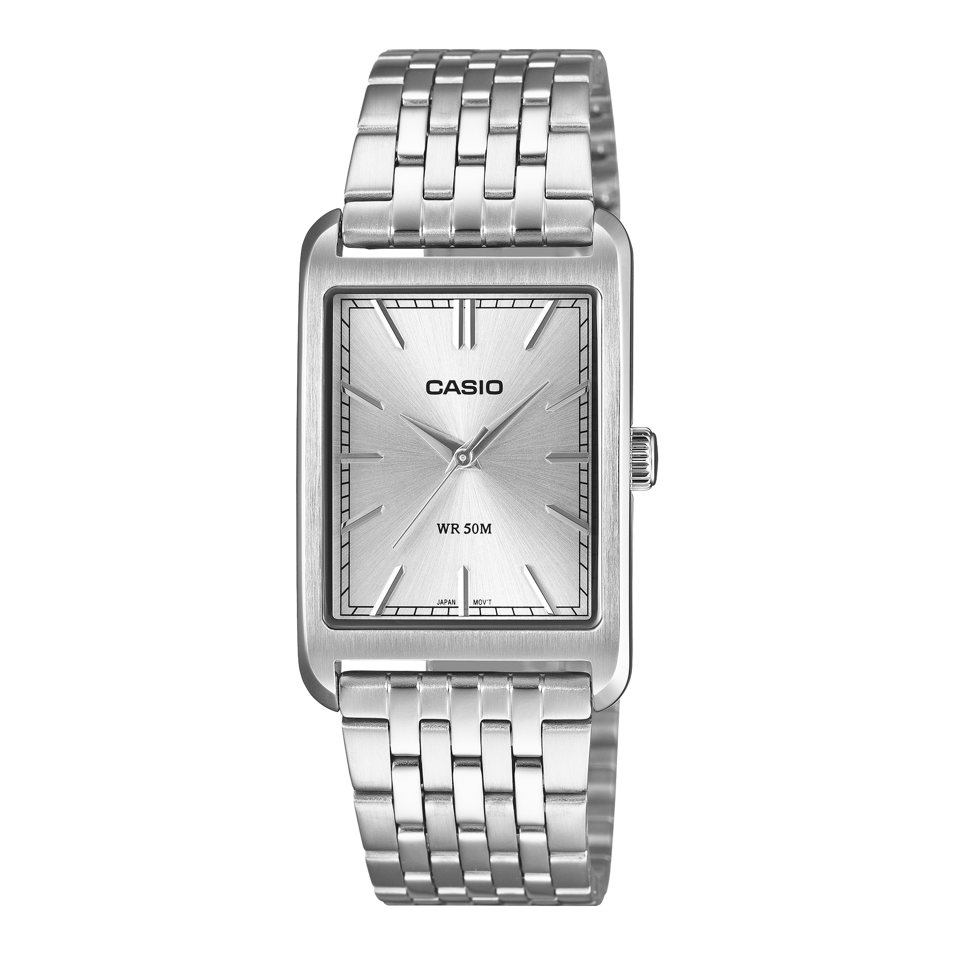 CASIO MTP-B215D-7AVER originale – vista frontale orologio (acciaio, quadrante argento rettangolare)