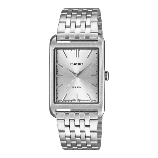 CASIO MTP-B215D-7AVER originale – vista frontale orologio (acciaio, quadrante argento rettangolare)