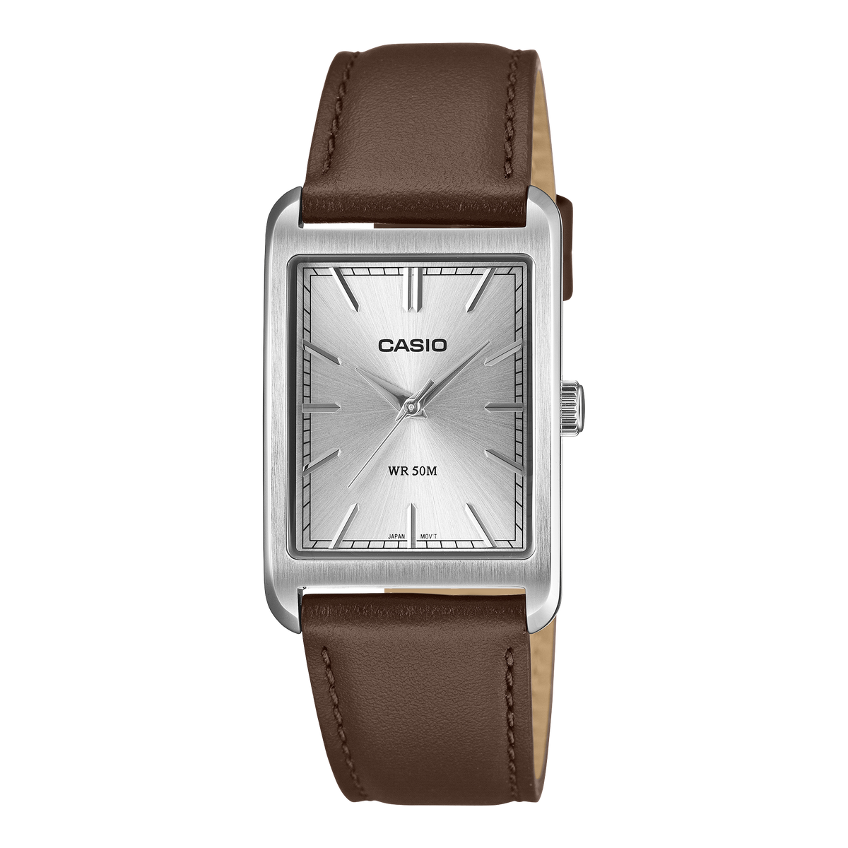 CASIO MTP-B215L-7AVER originale – vista frontale orologio (acciaio, cinturino pelle marrone, quadrante rettangolare)