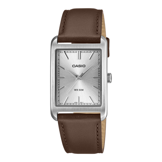 CASIO MTP-B215L-7AVER originale – vista frontale orologio (acciaio, cinturino pelle marrone, quadrante rettangolare)