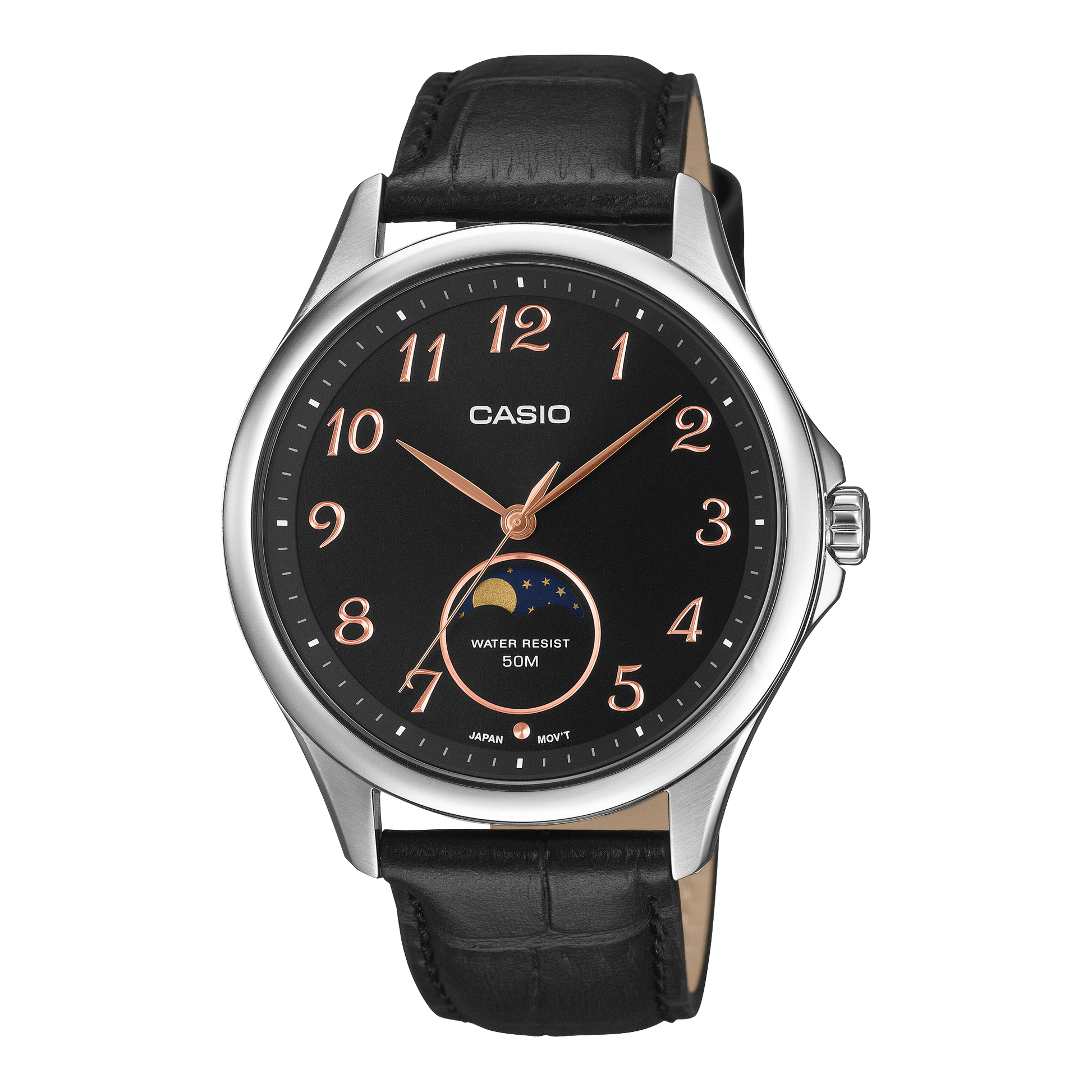 CASIO MTP-M110L-1AVER originale – vista frontale orologio (acciaio, cinturino pelle nera, fase lunare)